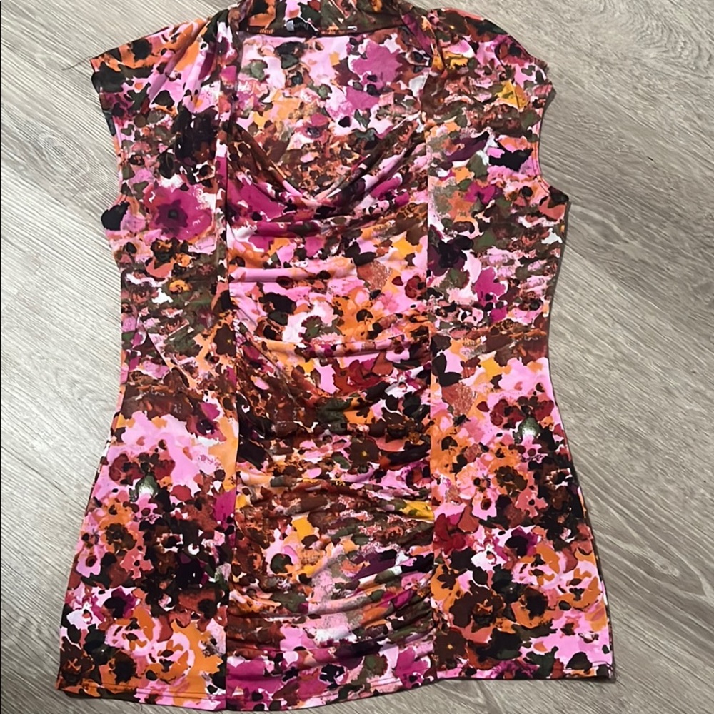 Pink and Purple Floral Ruched Blouse Sleeveless